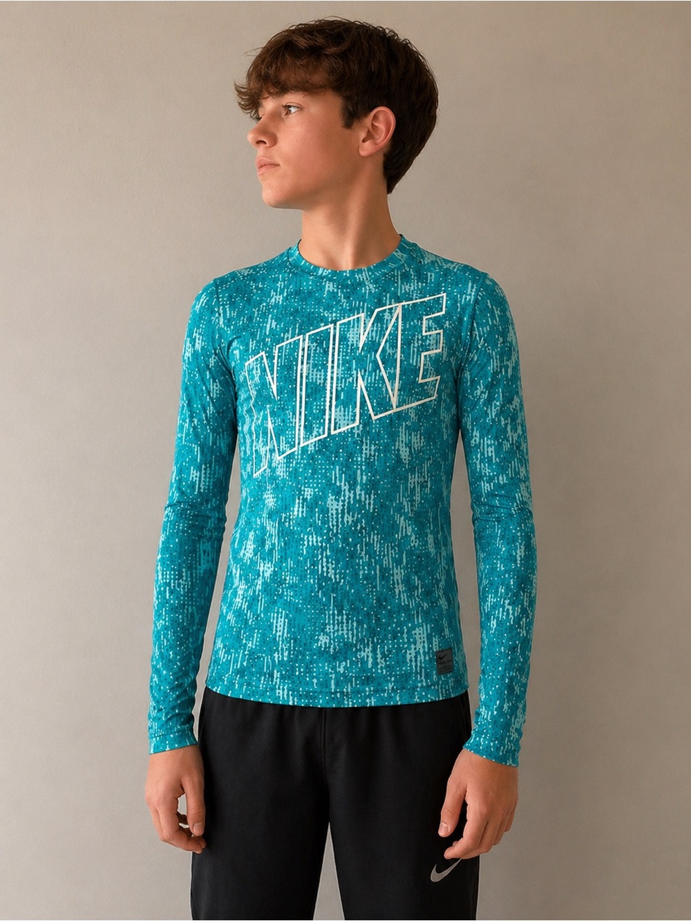 Nike Pro Dri-FIT Boys Camo Compression Blue Shirt Long Sleeve Size L